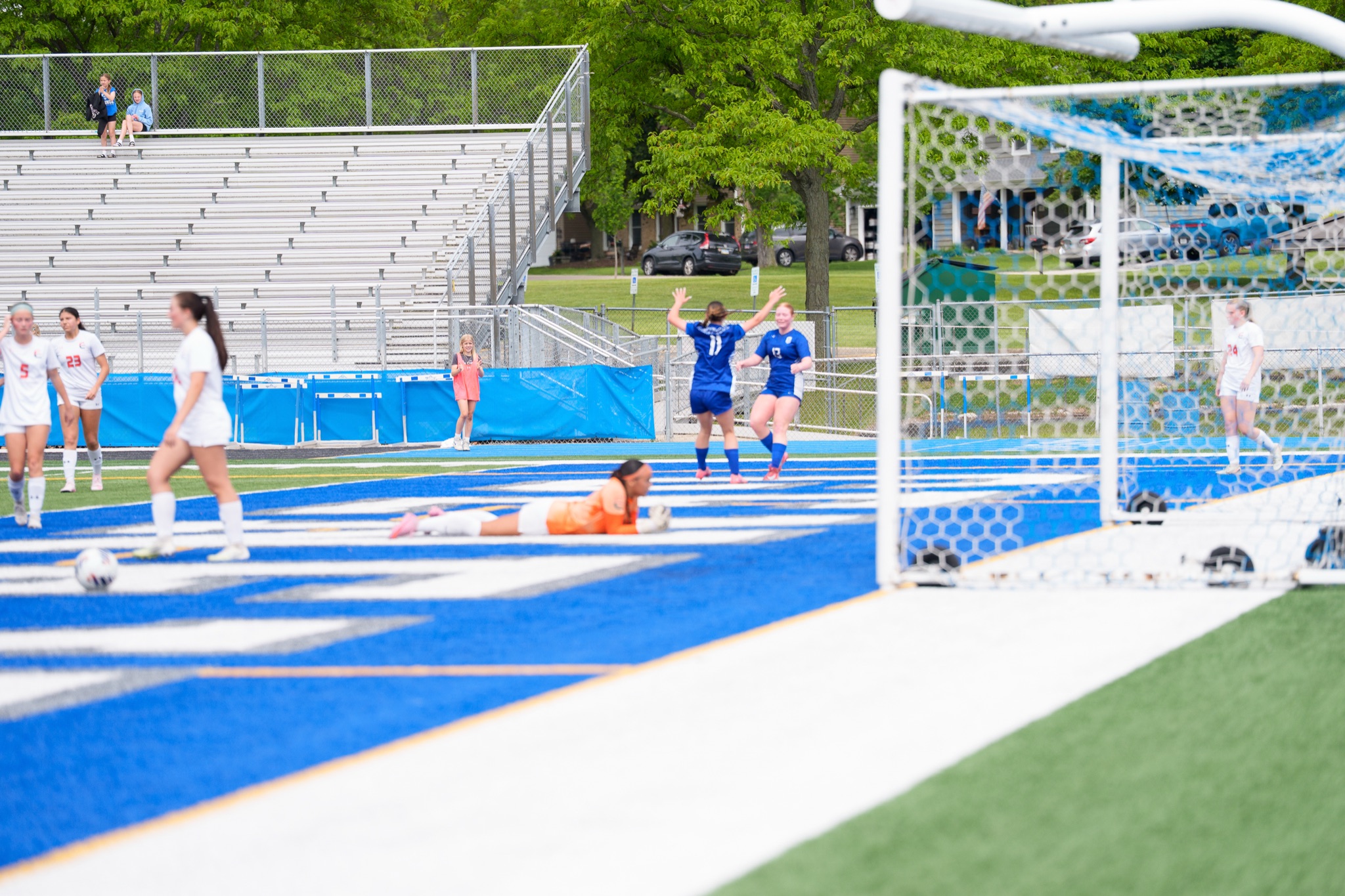 Soccer players celebrating a goal